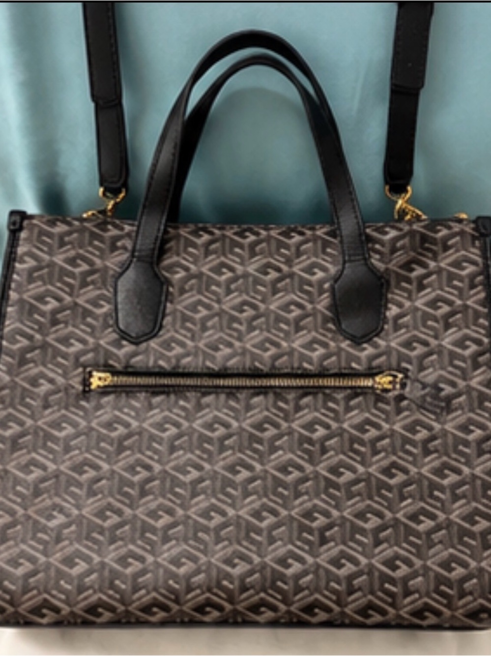 GUESS Monogram Logo Satchel Tote Crossbody Bag Brown Burgundy Stripe - Picture 3 of 8